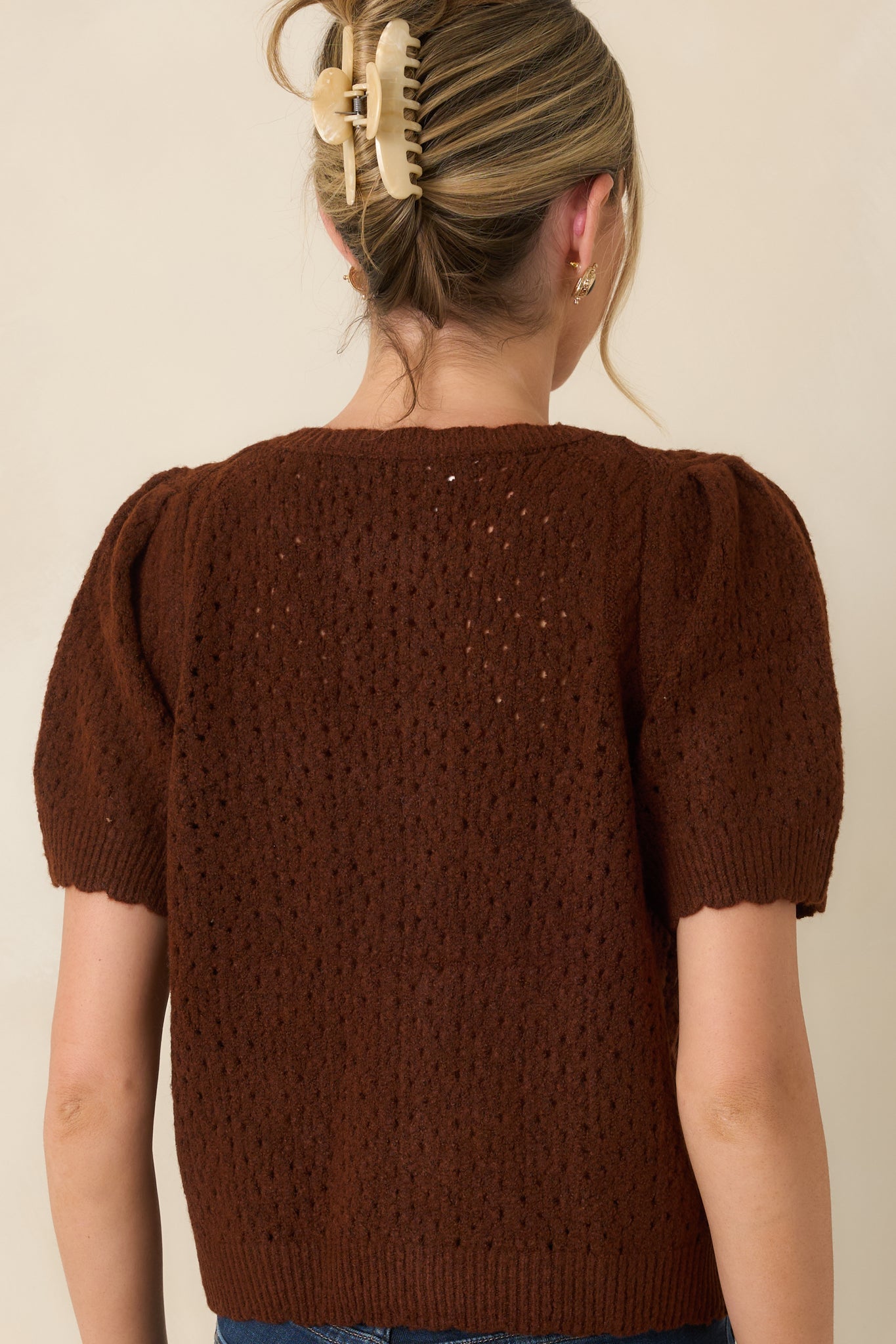 Extra Credit Brown Pointelle Knit Cardigan