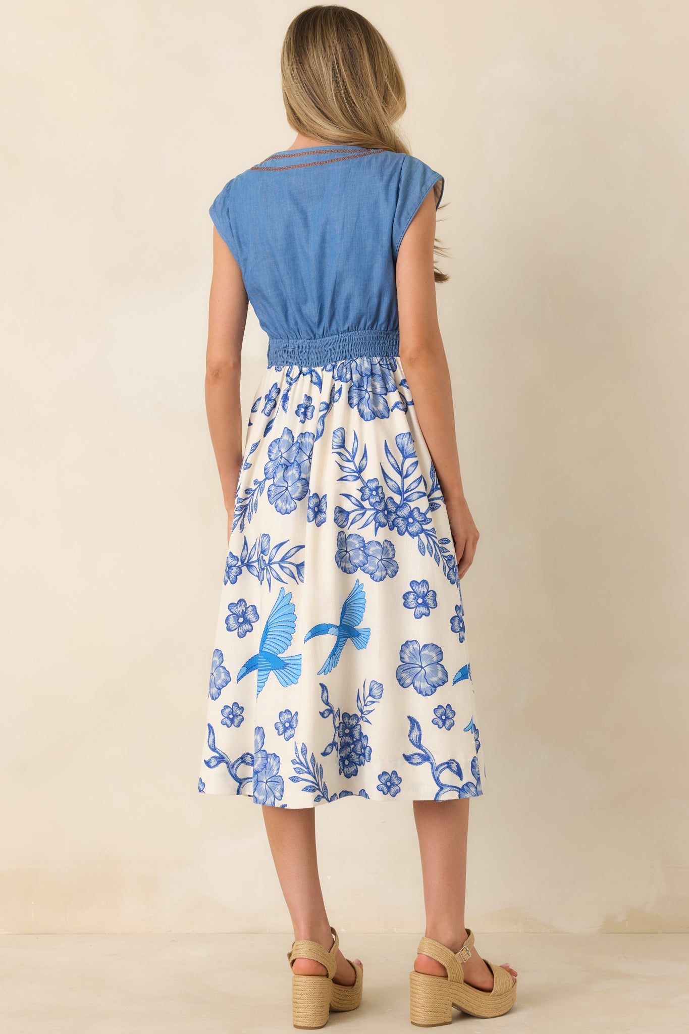 AIYIA Aubrey Ivory & Blue Floral Denim Bodice Midi Dress