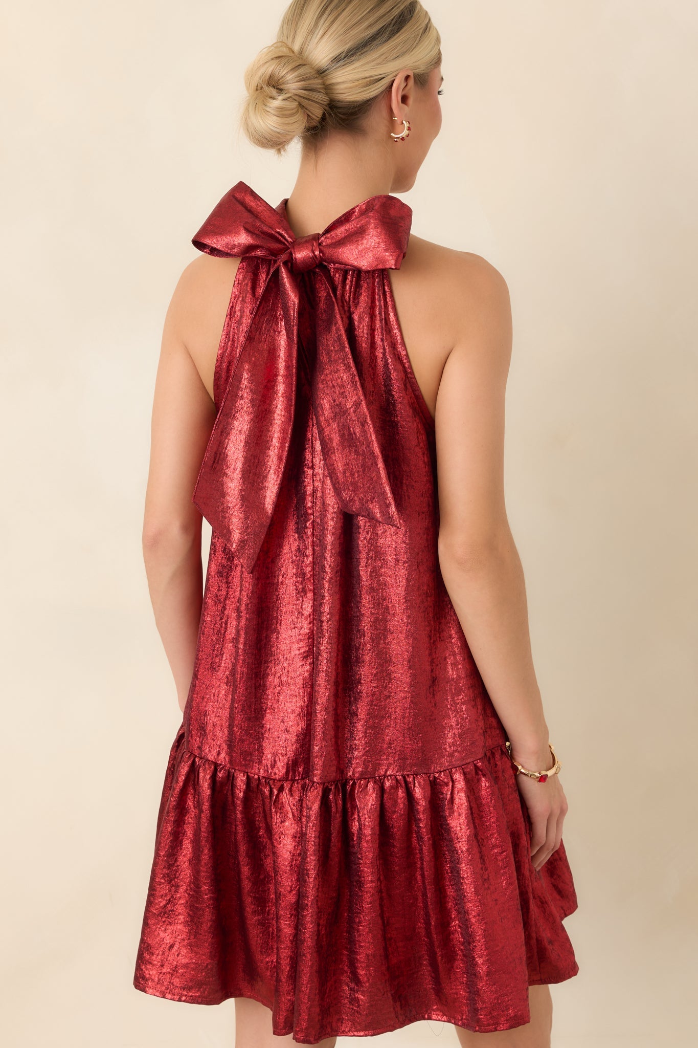 Fancy That Red Halter Bow Back Ruffle Hem Mini Dress