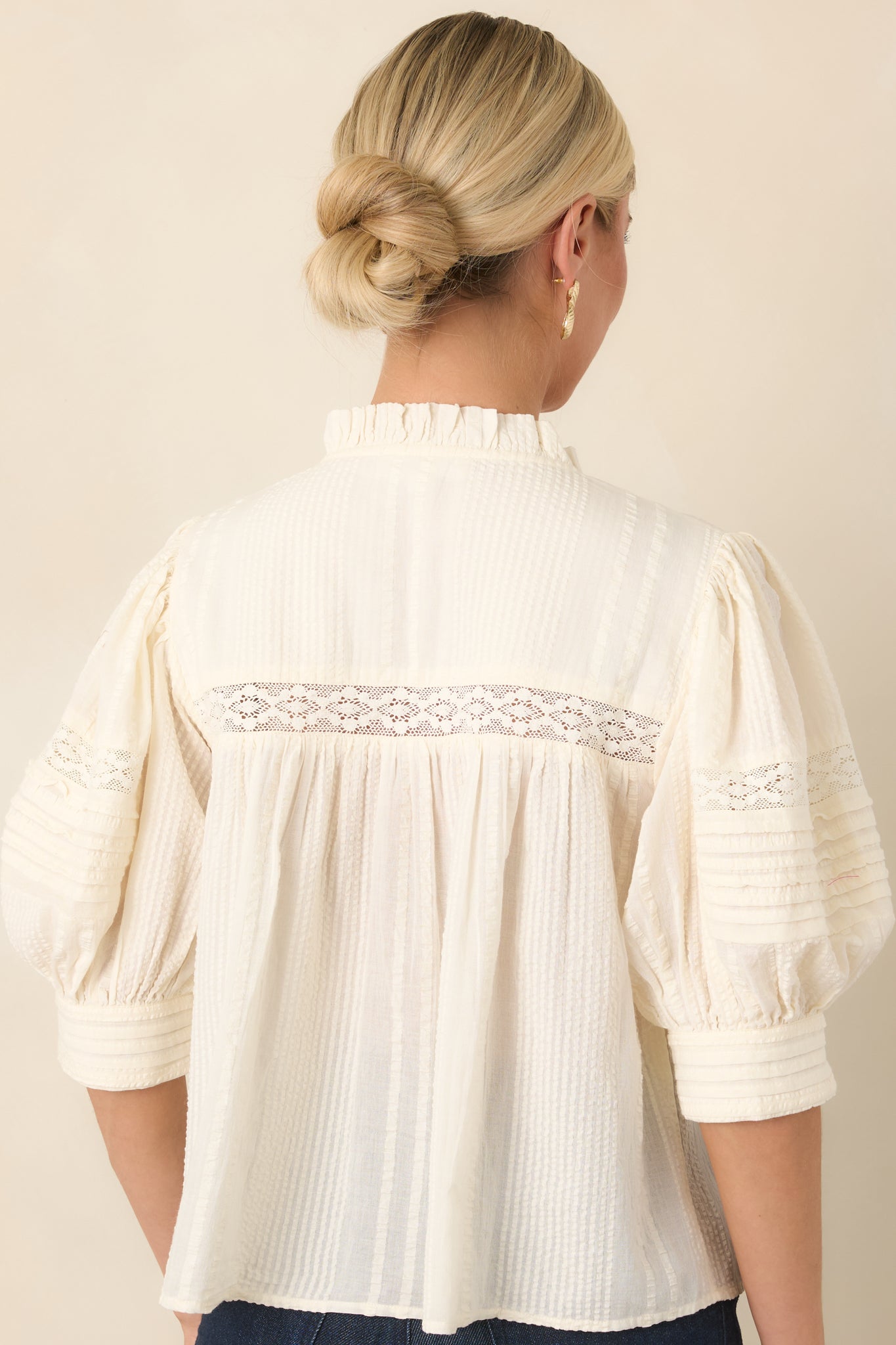 Dainty Details Ivory Textured Lace Trim Pleated Blouse