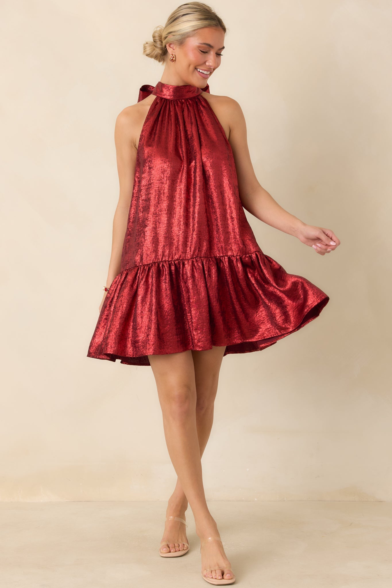 Fancy That Red Halter Bow Back Ruffle Hem Mini Dress