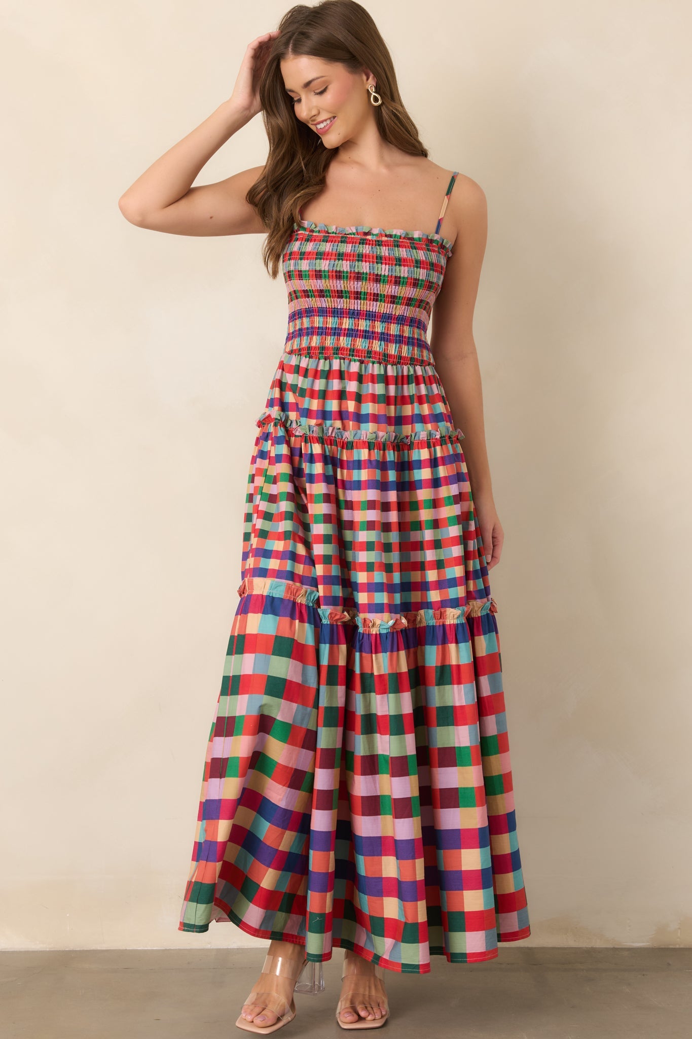 Every Shade of Happy Red Multi Plaid Maxi Dress