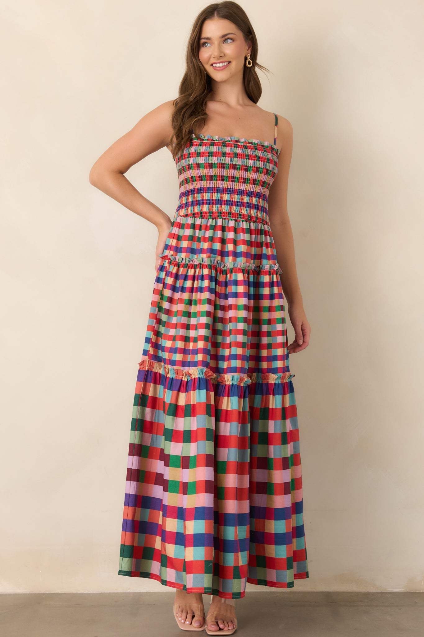 Every Shade of Happy Red Multi Plaid Maxi Dress