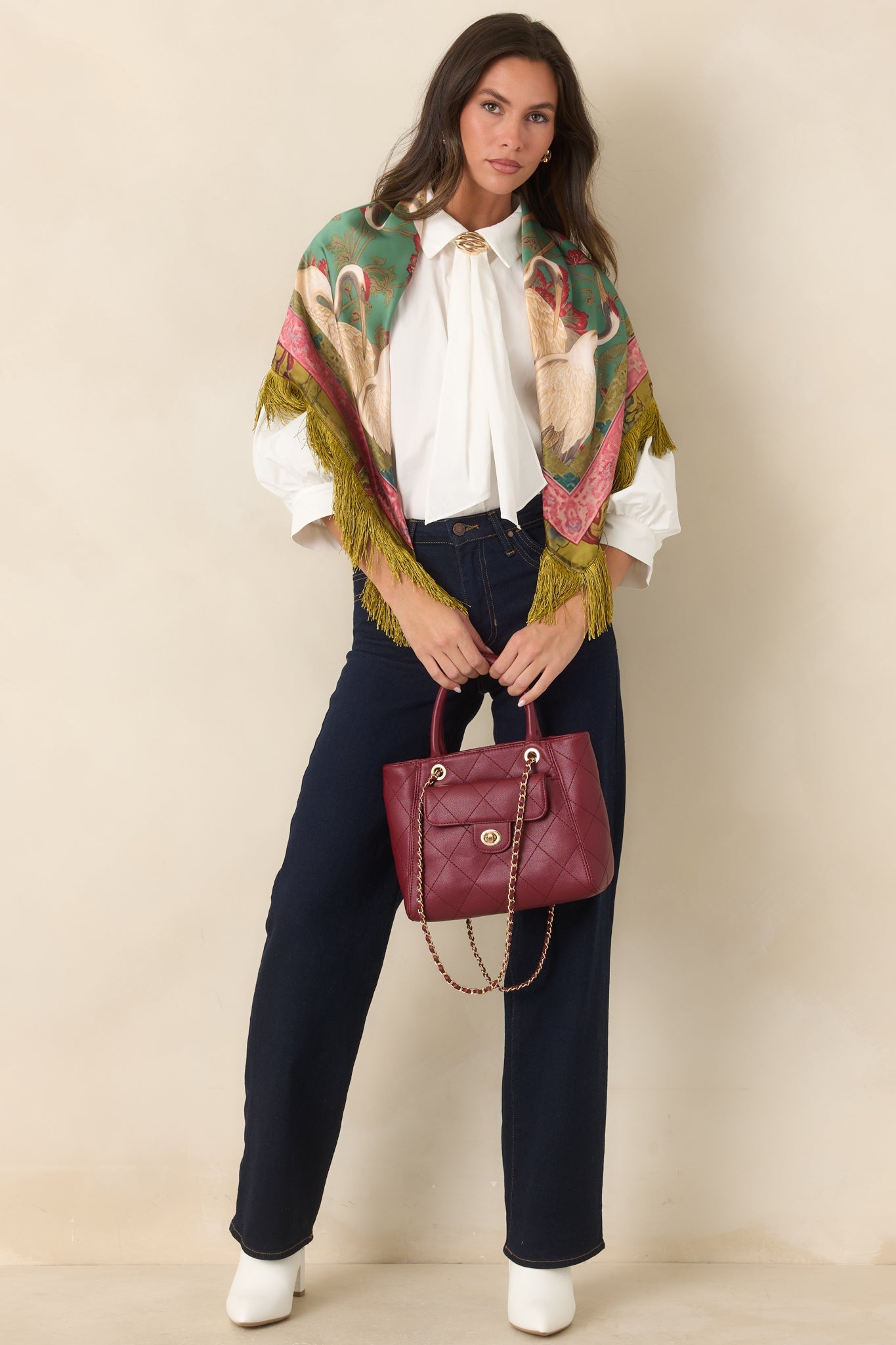 A Word of Advice Ivory Gold Accent Tie Neck Blouse
