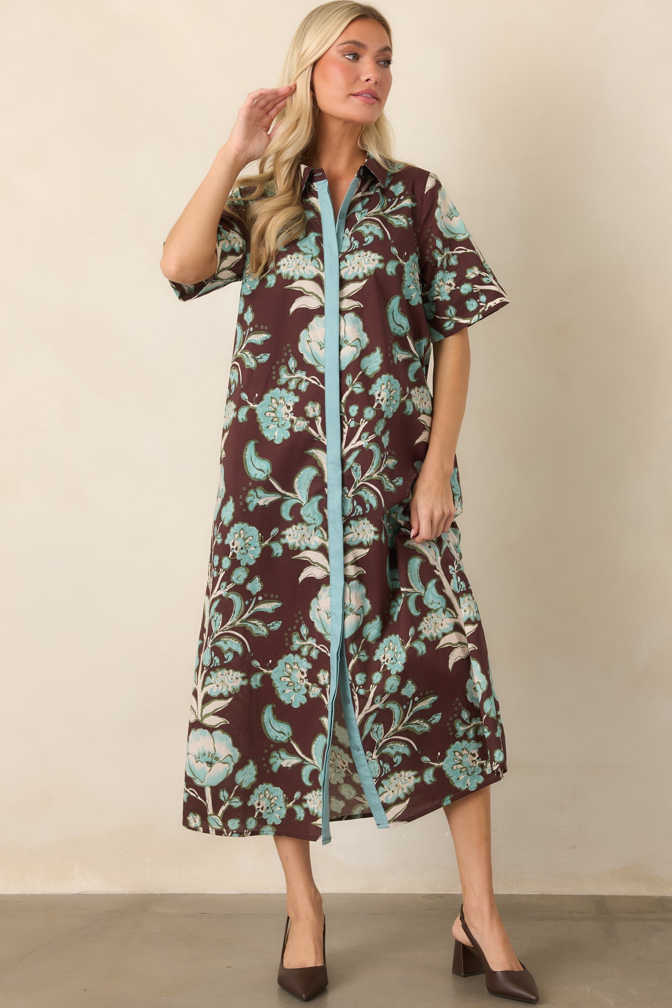 Collected Along the Way Brown & Aqua Floral Cotton Midi Dress