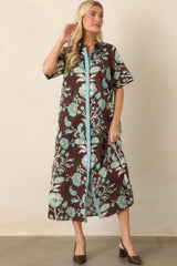 Collected Along the Way Brown & Aqua Floral Cotton Midi Dress