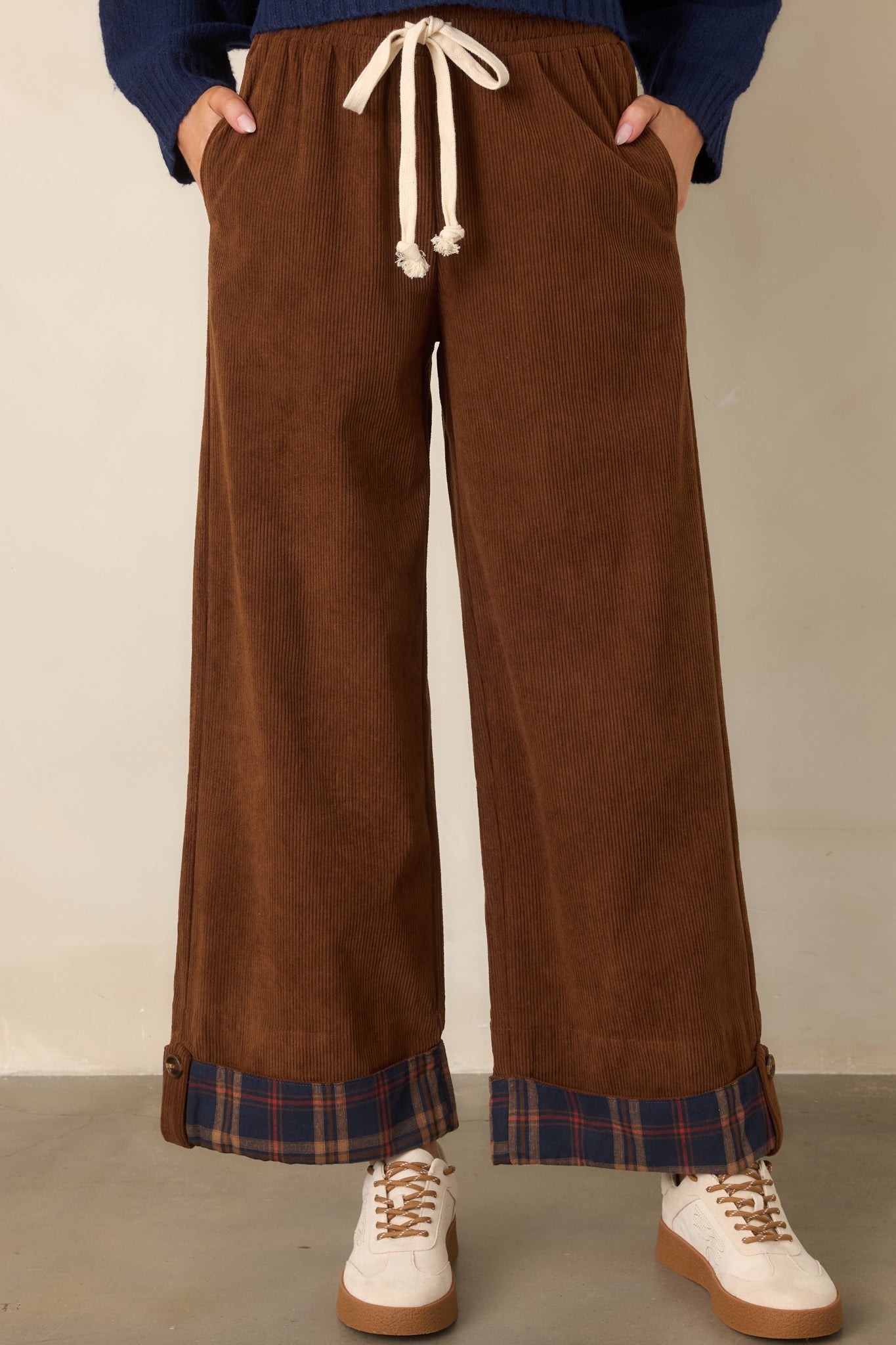 Casual Charm Contrast Cuff Brown & Navy Pants