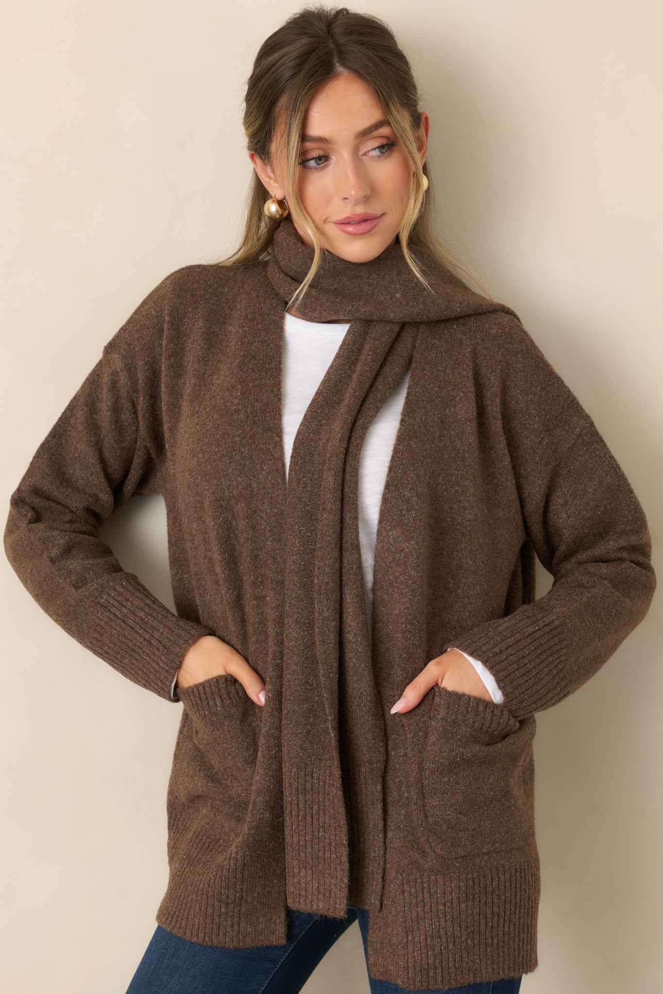 A Well-Knit Plan Dark Mocha Knit Cardigan & Scarf Set