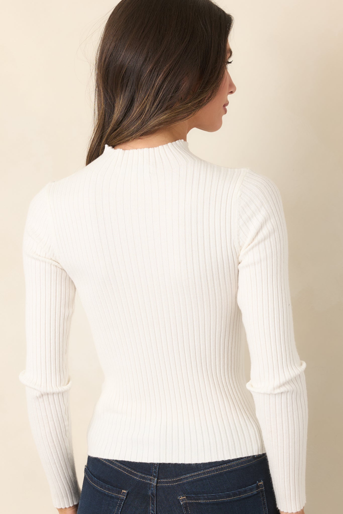 Astrid River Ivory Ribbed Knit Mock Neck Top