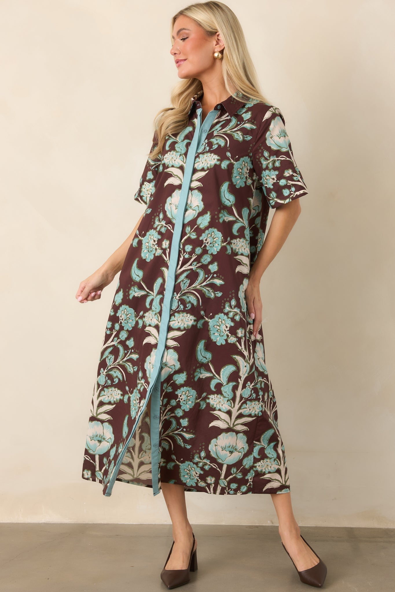 Collected Along the Way Brown & Aqua Floral Cotton Midi Dress