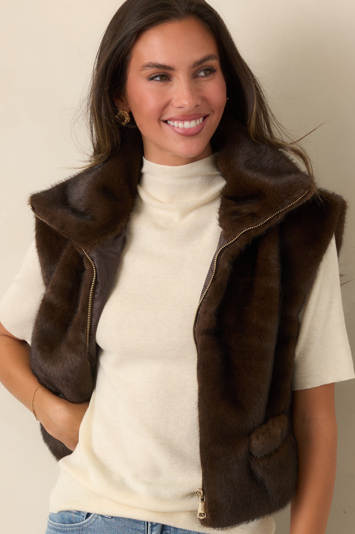 Astrid Montana Brown Faux Fur Zip Front Vest