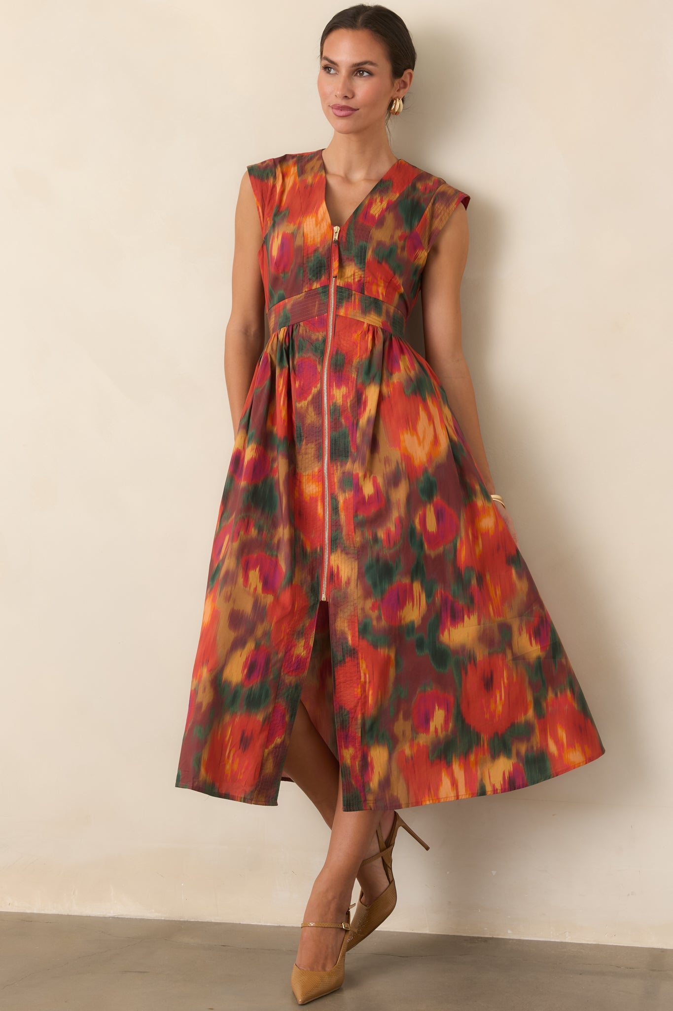 Fall Into Place Rust Multi Floral Cotton Midi Dress