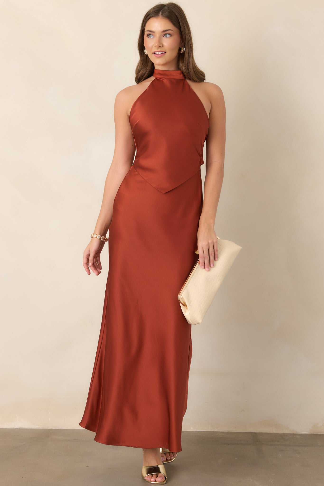 ASTR the Label Viridiana Sienna Satin Halter Maxi Dress