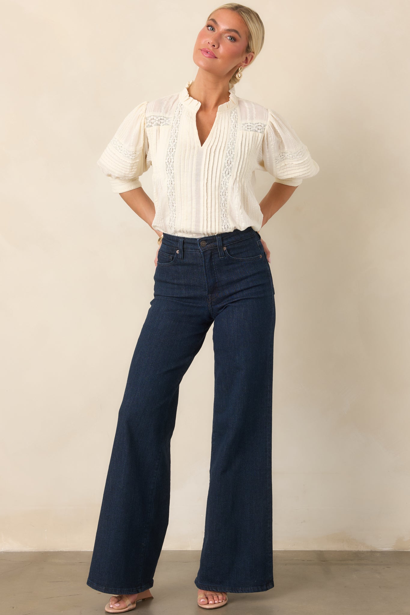 Dainty Details Ivory Textured Lace Trim Pleated Blouse