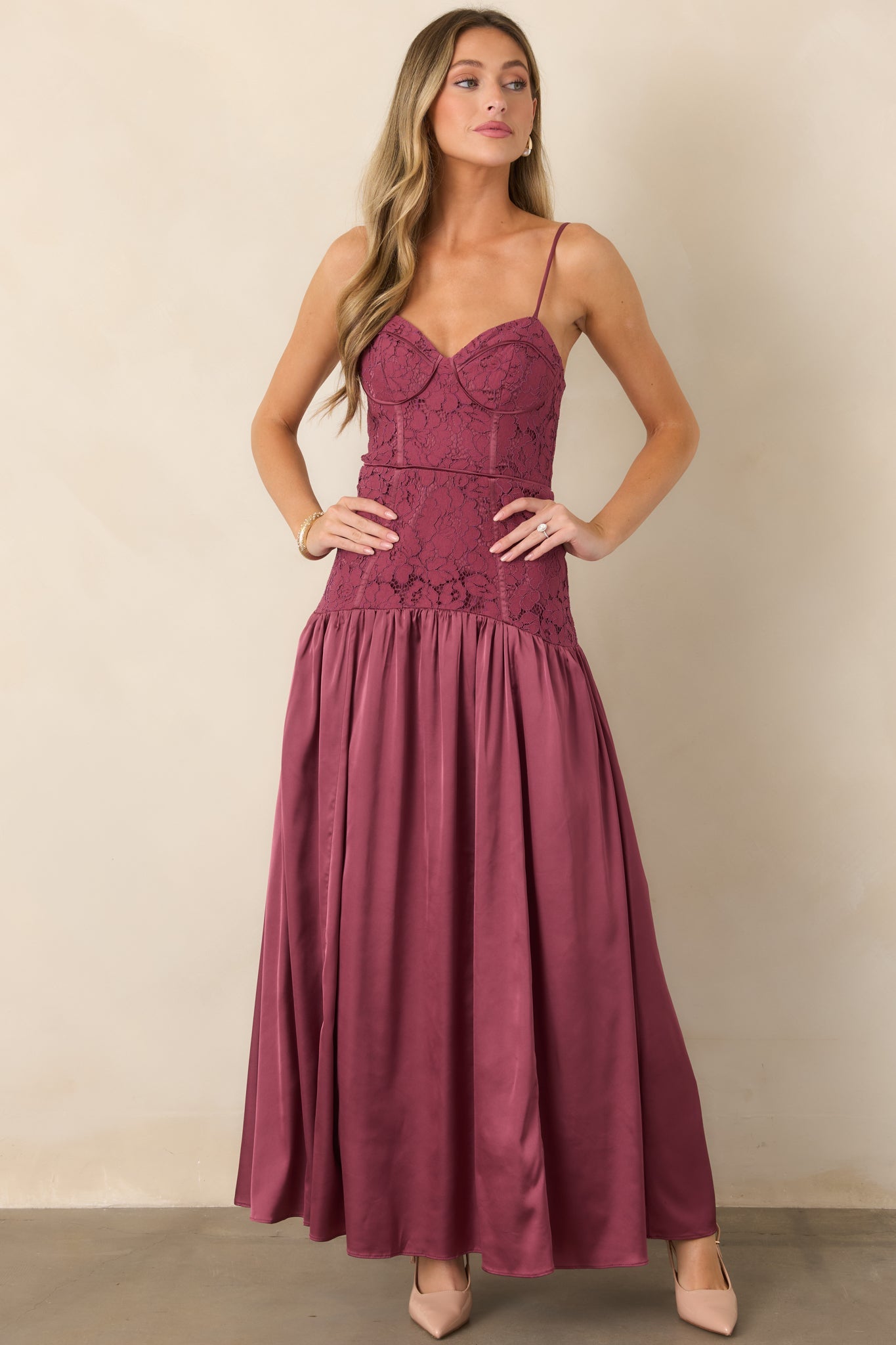 ASTR the Label Kaylani Mauve Lace Bustier Maxi Dress