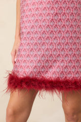 Fancy Seeing You Here Rose Pink & Burgundy Feather Trim Mini Dress