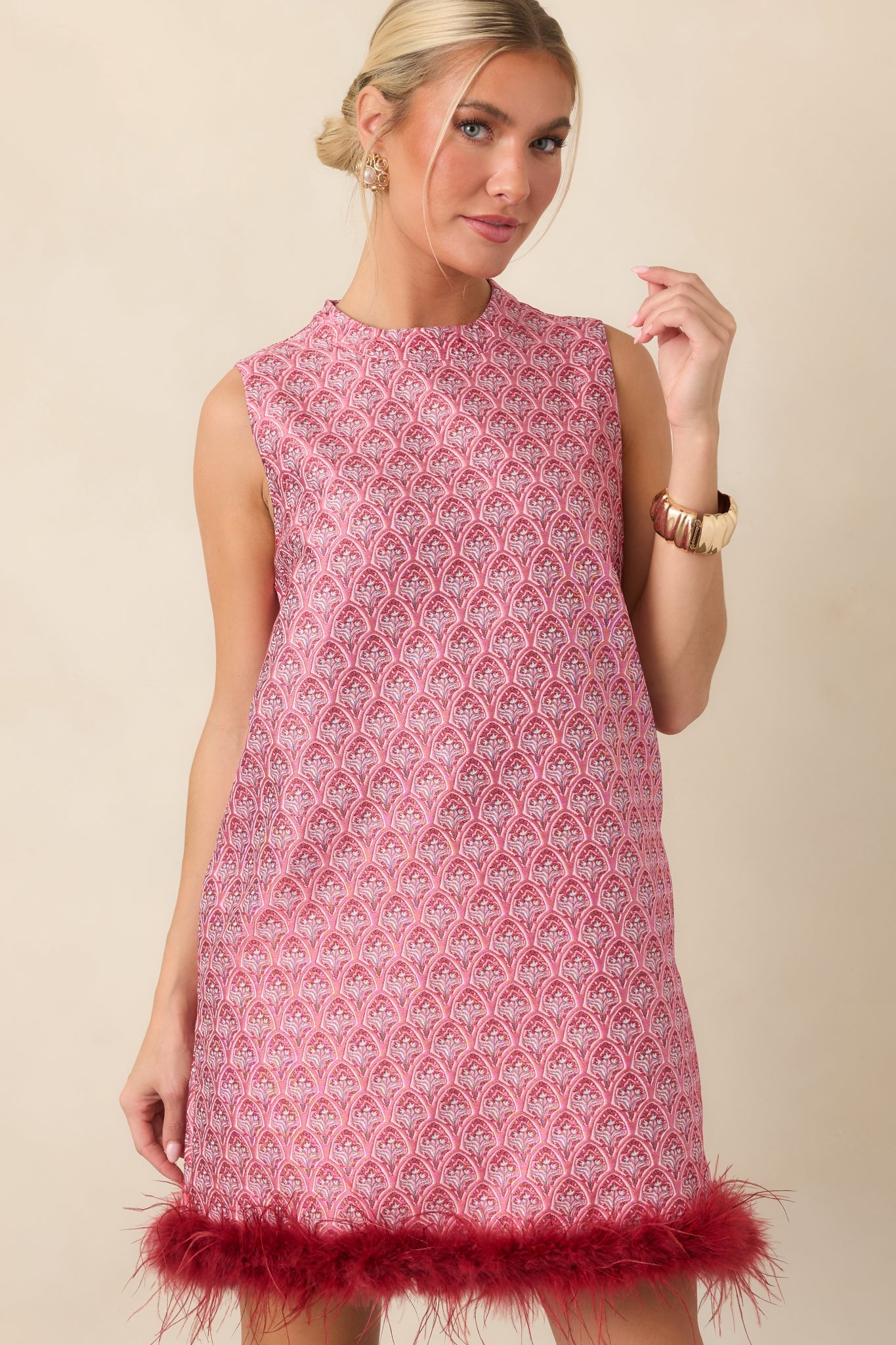 Fancy Seeing You Here Rose Pink & Burgundy Feather Trim Mini Dress