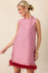 Fancy Seeing You Here Rose Pink & Burgundy Feather Trim Mini Dress