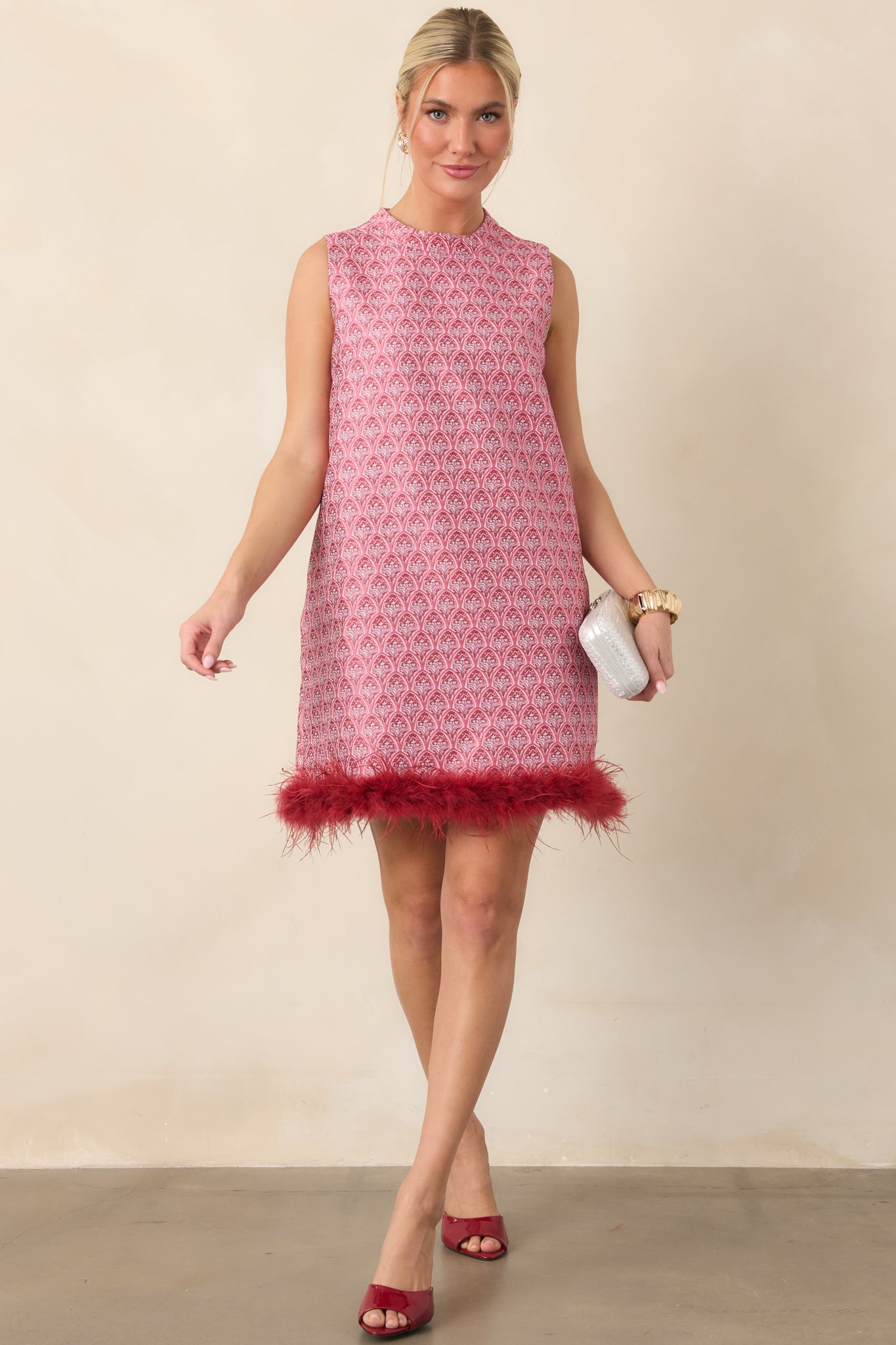 Fancy Seeing You Here Rose Pink & Burgundy Feather Trim Mini Dress