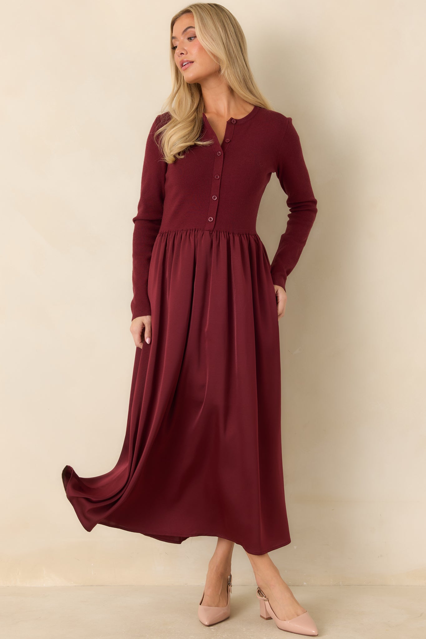 All Nicely Arranged Burgundy Knit Bodice Satin Midi Dress