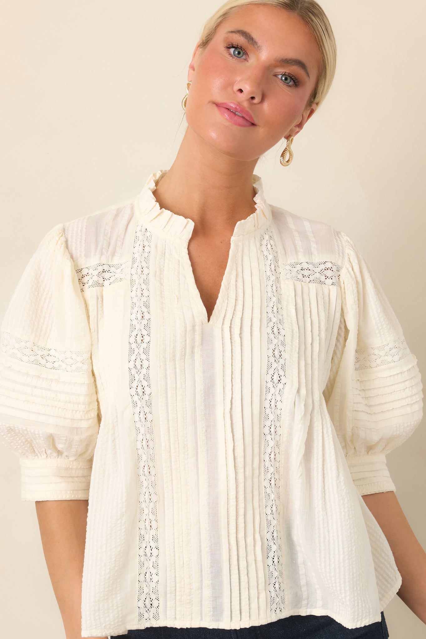 Dainty Details Ivory Textured Lace Trim Pleated Blouse