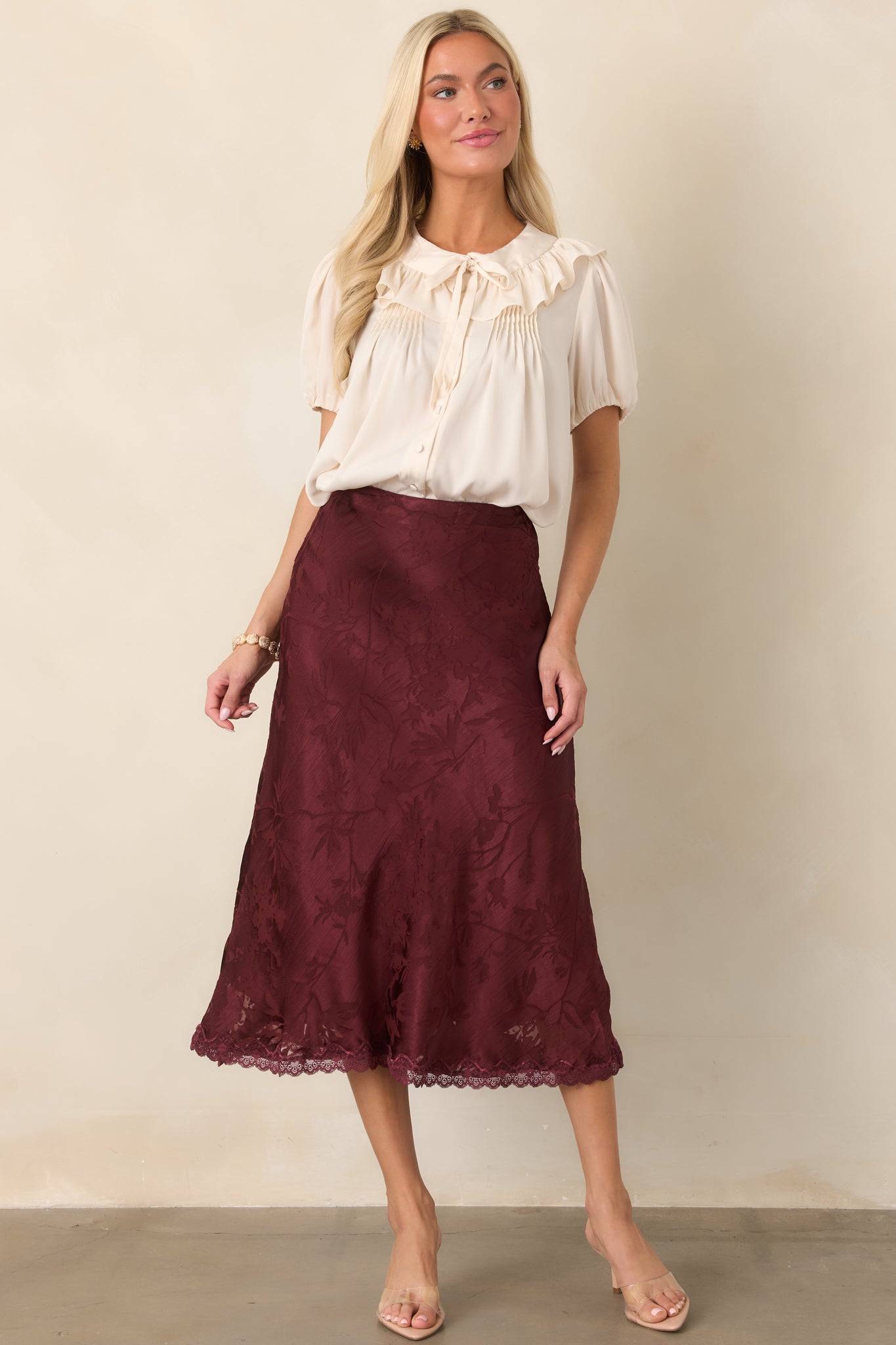 ASTR the Label Zayne Champagne Ruffle-Collar Babydoll Blouse