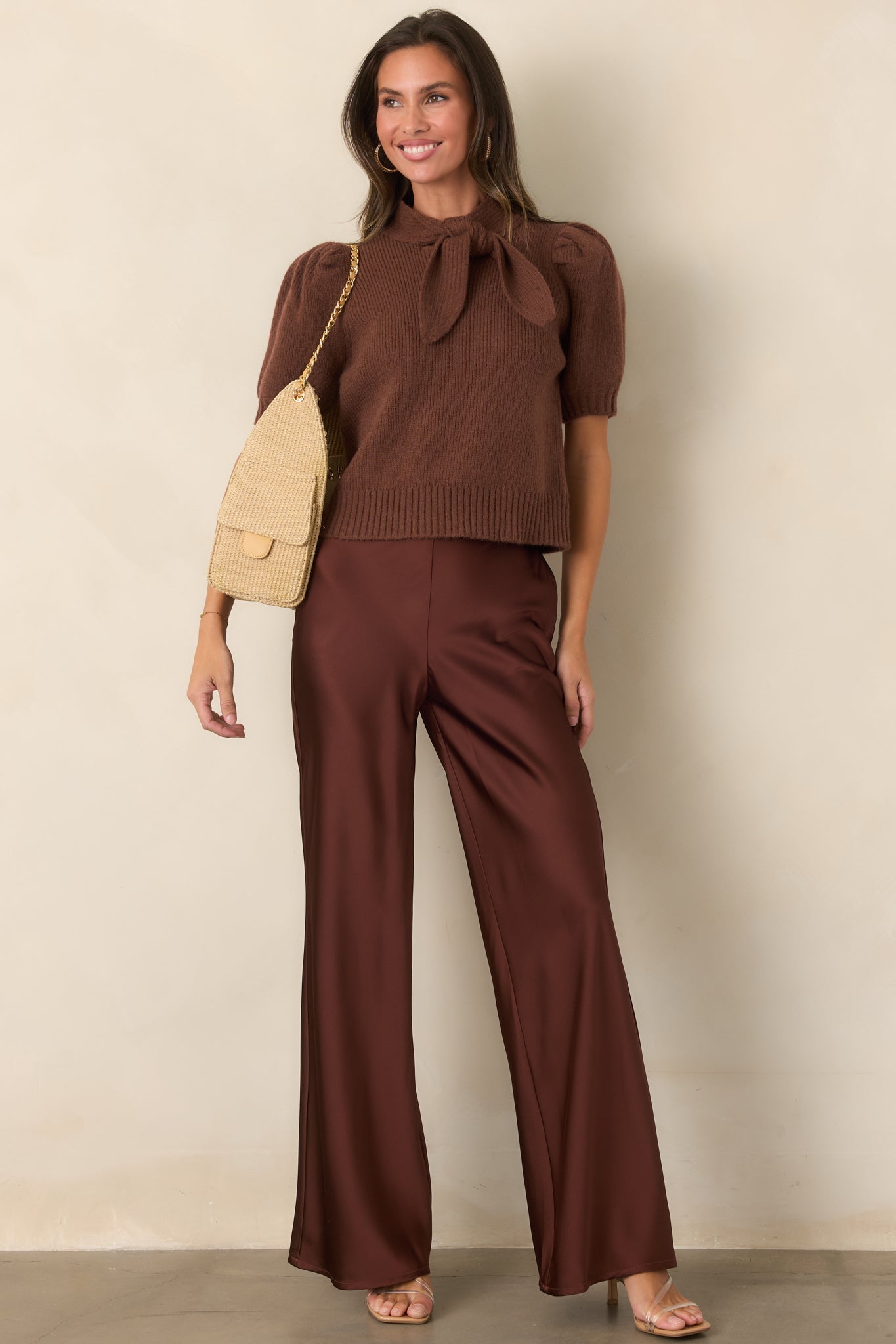 A Whole New Direction Rust Brown Satin Wide Leg Pants