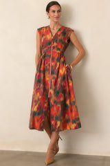 Fall Into Place Rust Multi Floral Cotton Midi Dress