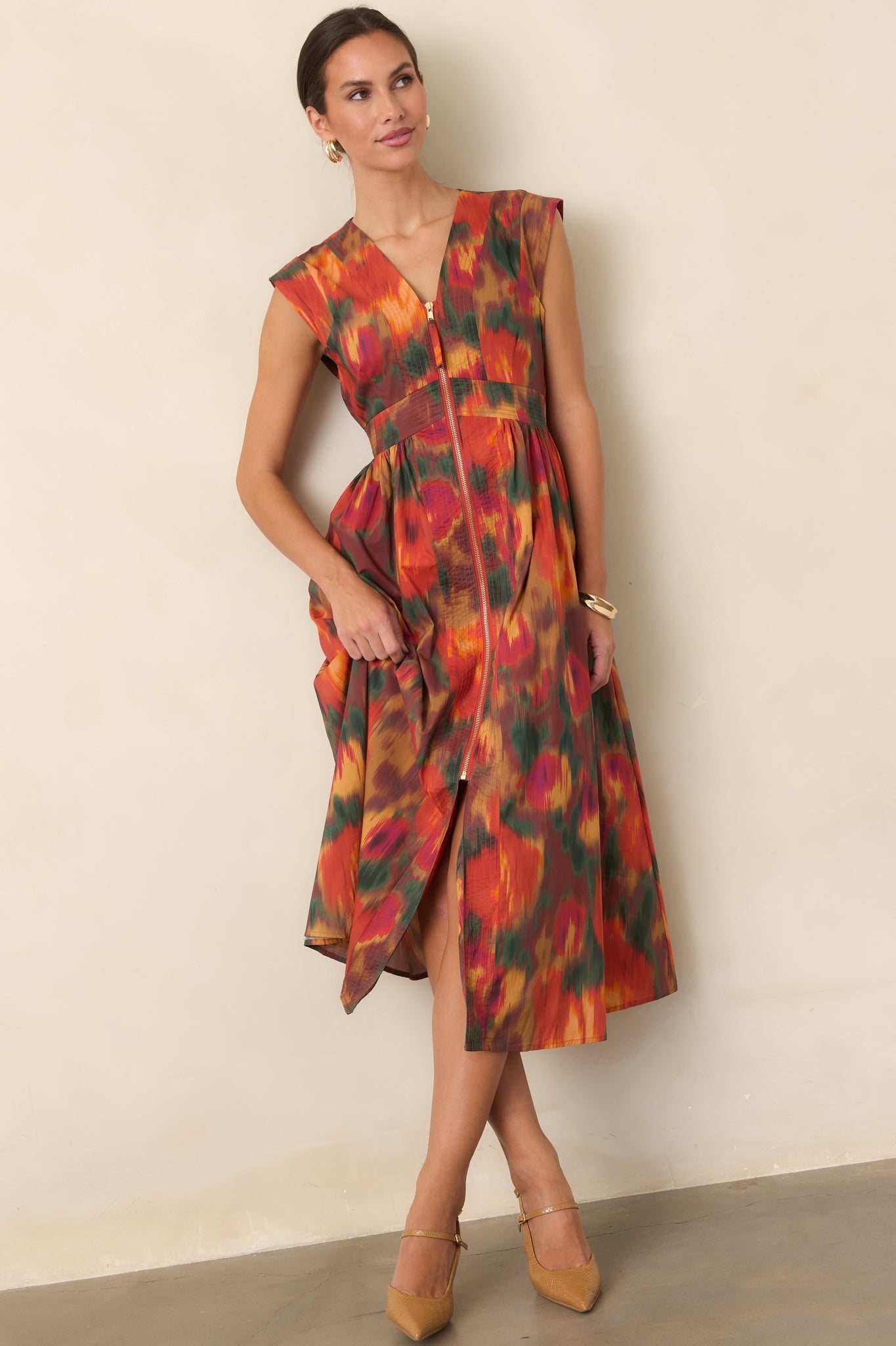 Fall Into Place Rust Multi Floral Cotton Midi Dress