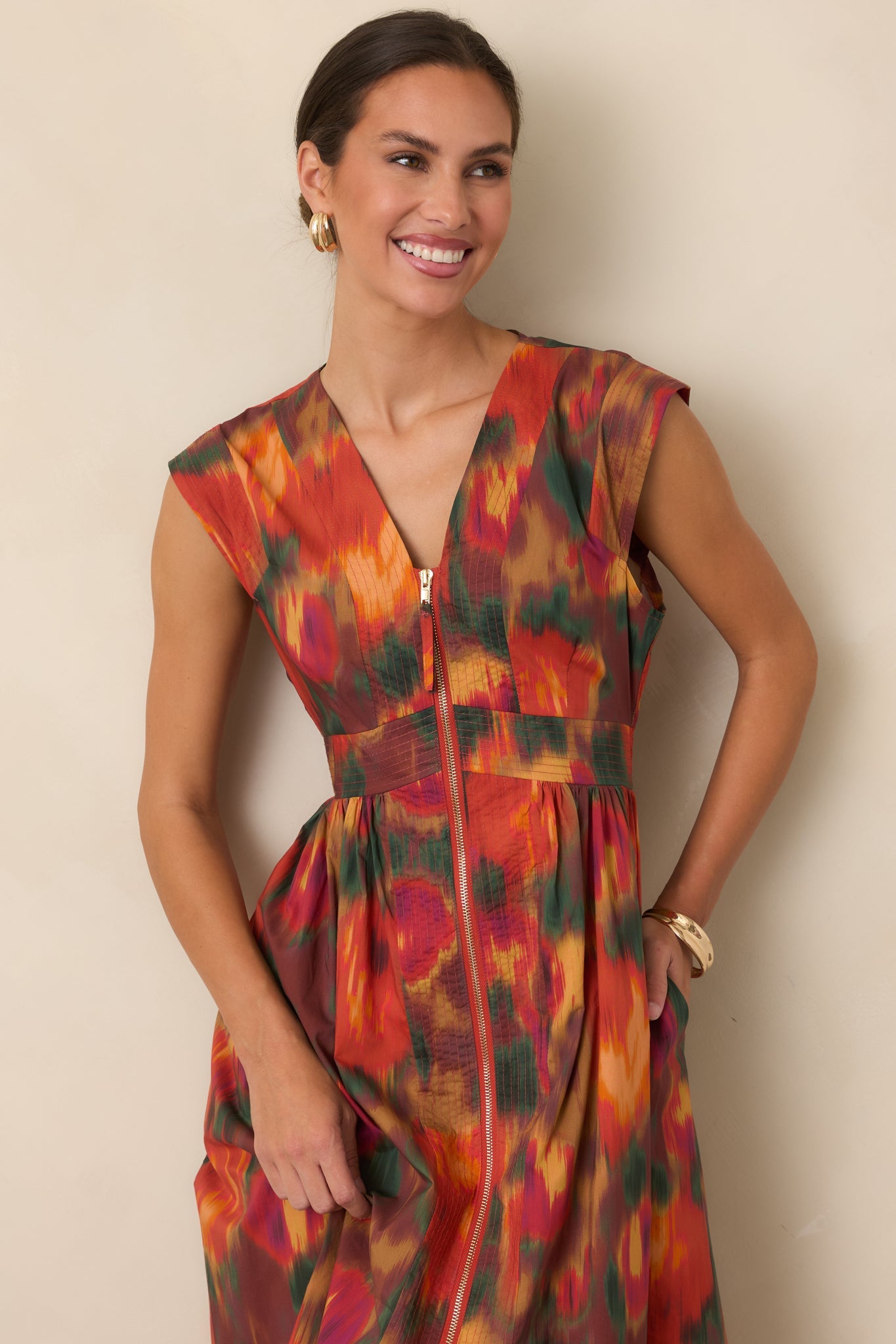 Fall Into Place Rust Multi Floral Cotton Midi Dress