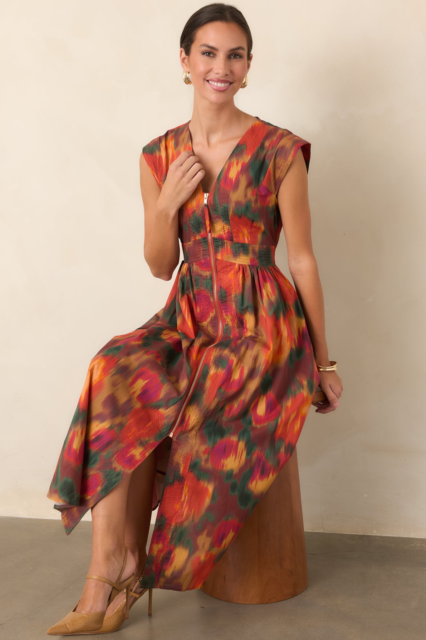 Fall Into Place Rust Multi Floral Cotton Midi Dress