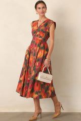 Fall Into Place Rust Multi Floral Cotton Midi Dress