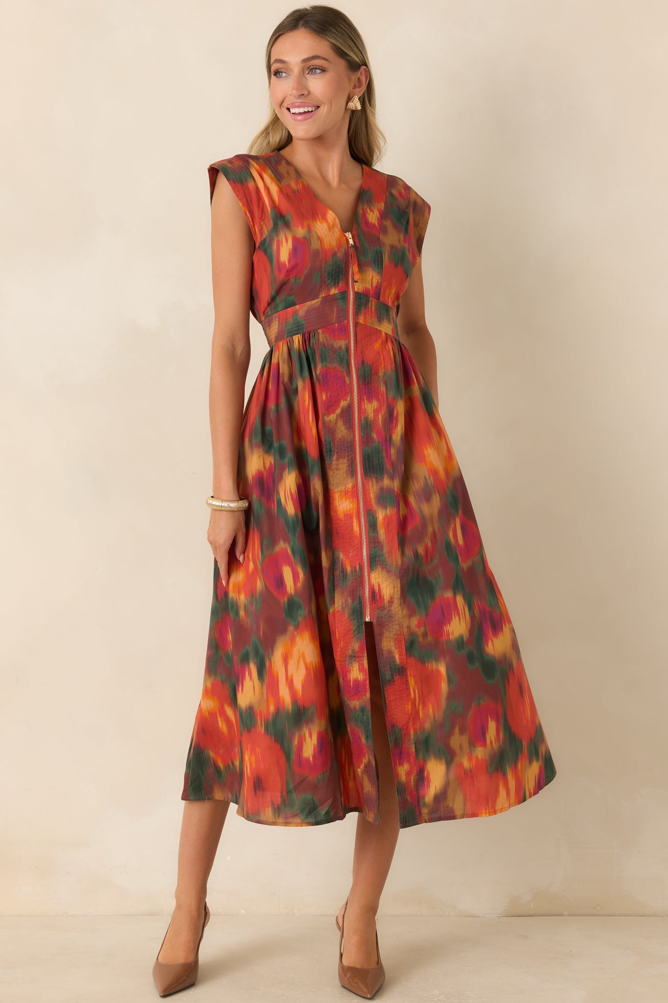Fall Into Place Rust Multi Floral Cotton Midi Dress