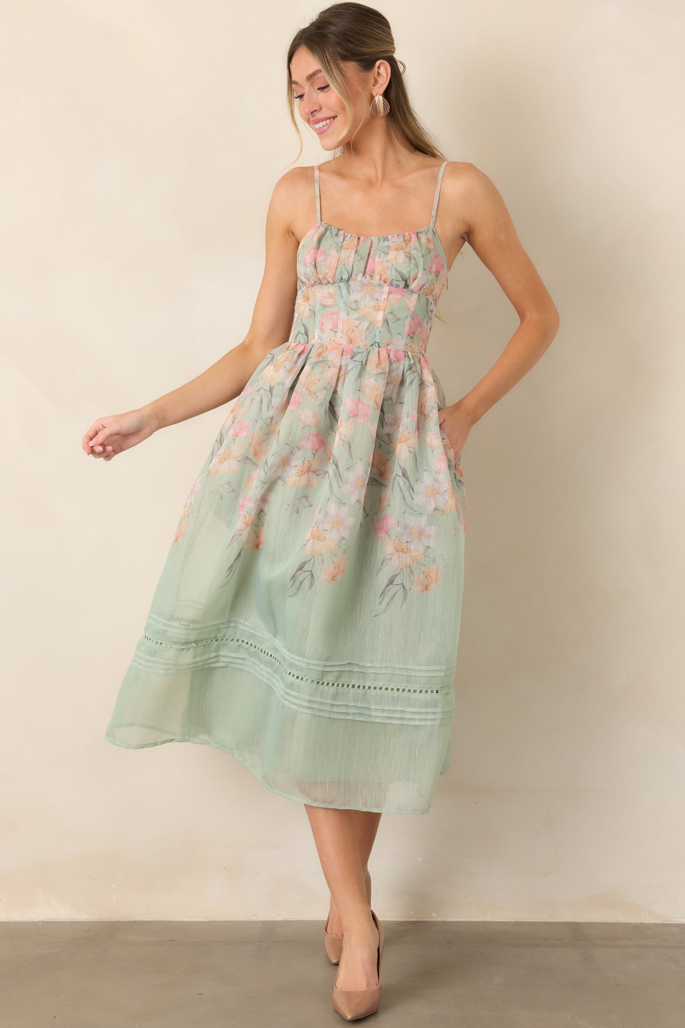 En Saison Kacey Sage Multi Floral Ruched Bodice Midi Dress
