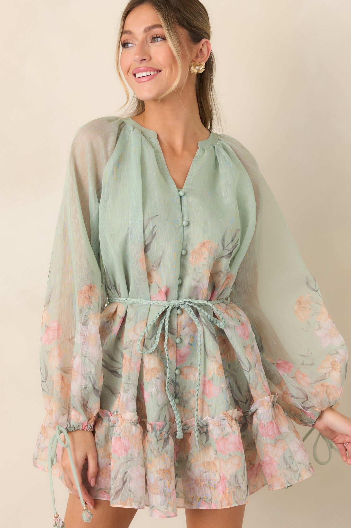 En Saison Katelyn Sage Multi Floral Belted Button Front Mini Dress