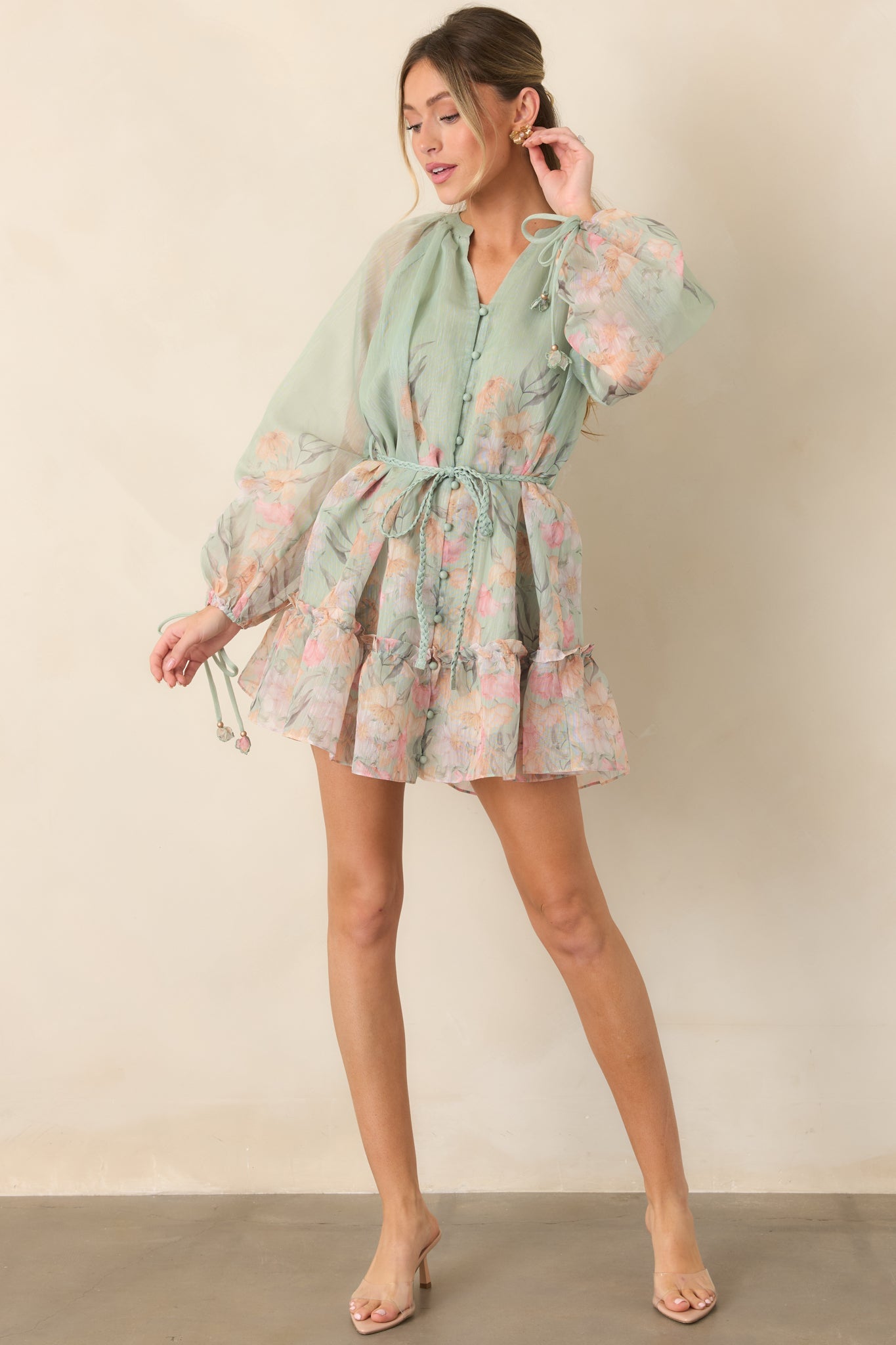 En Saison Katelyn Sage Multi Floral Belted Button Front Mini Dress