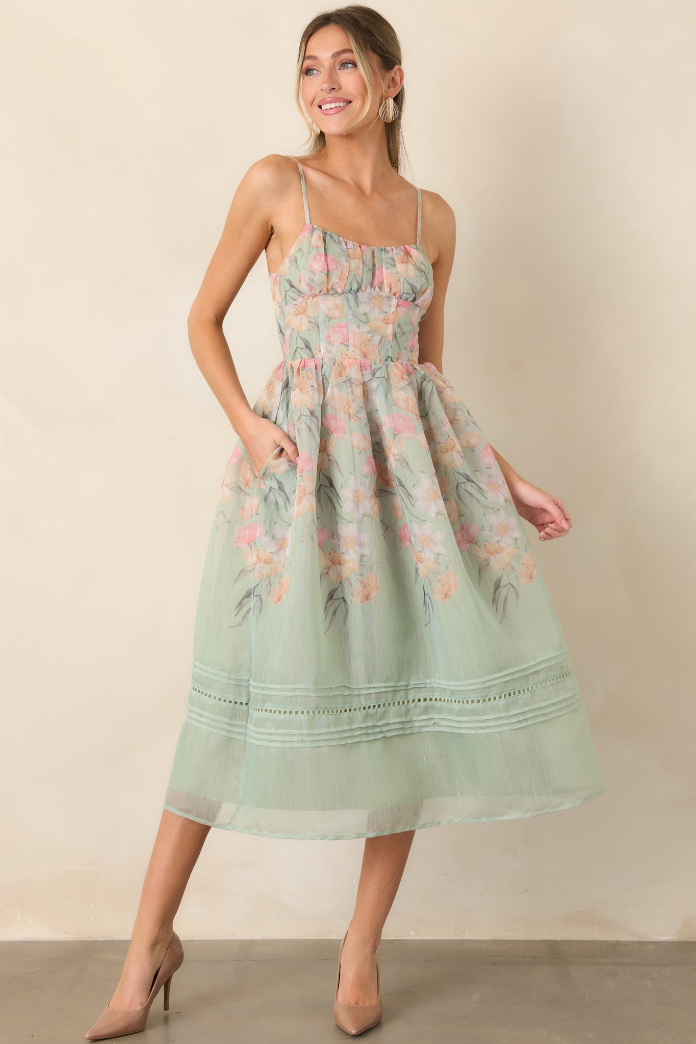 En Saison Kacey Sage Multi Floral Ruched Bodice Midi Dress