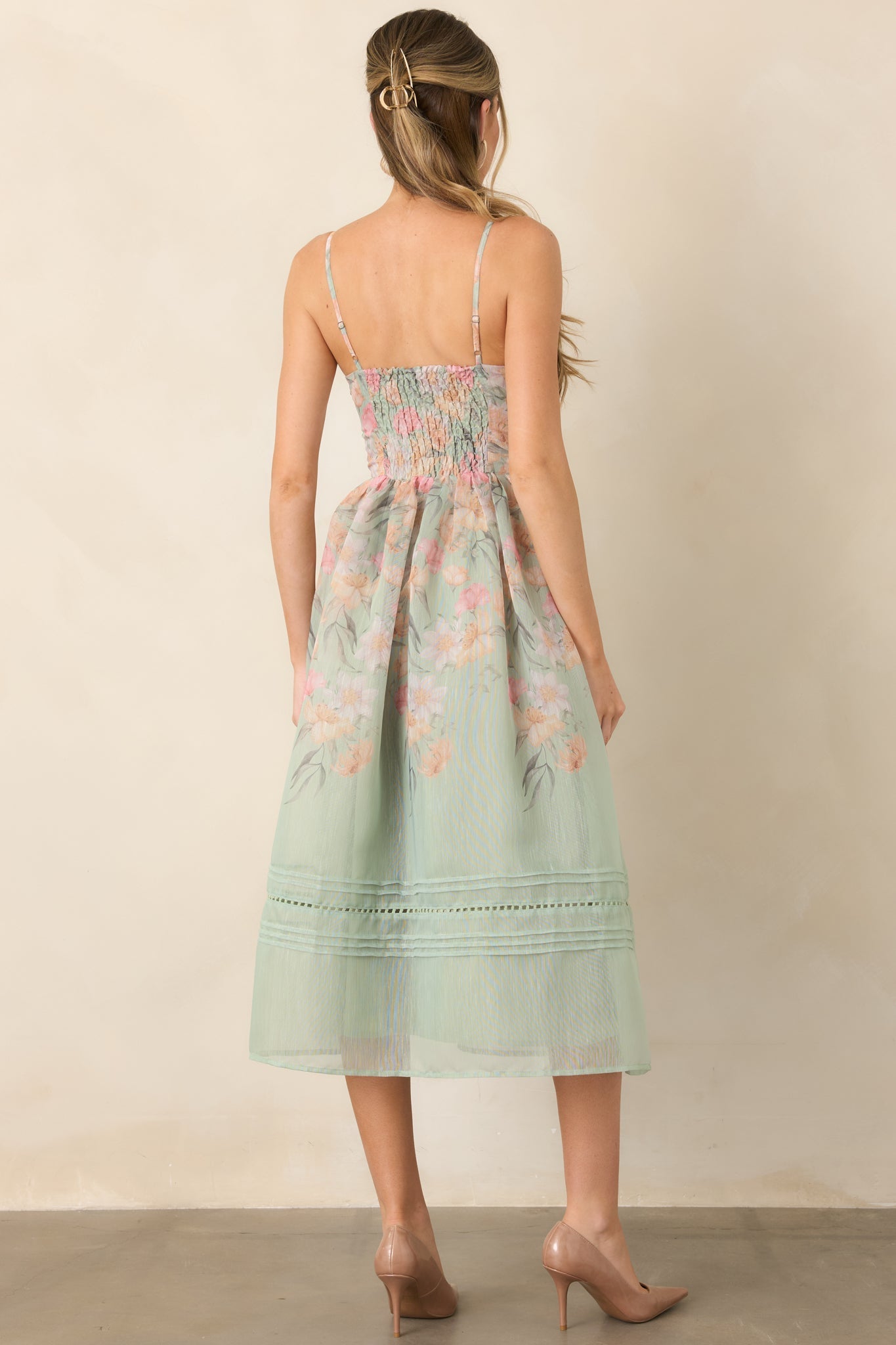 En Saison Kacey Sage Multi Floral Ruched Bodice Midi Dress