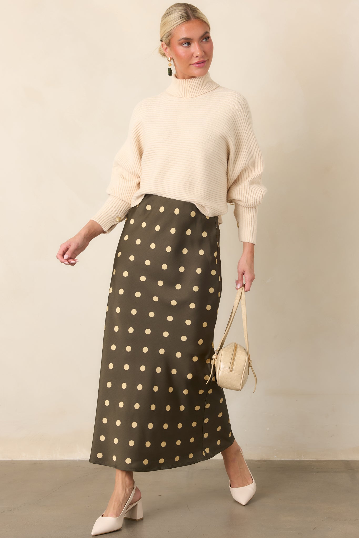 Connect the Dots Moss Green Polka Dot Satin Maxi Skirt