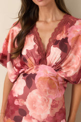 All The Right Reasons Blush Floral Satin Lace Trim Maxi Dress