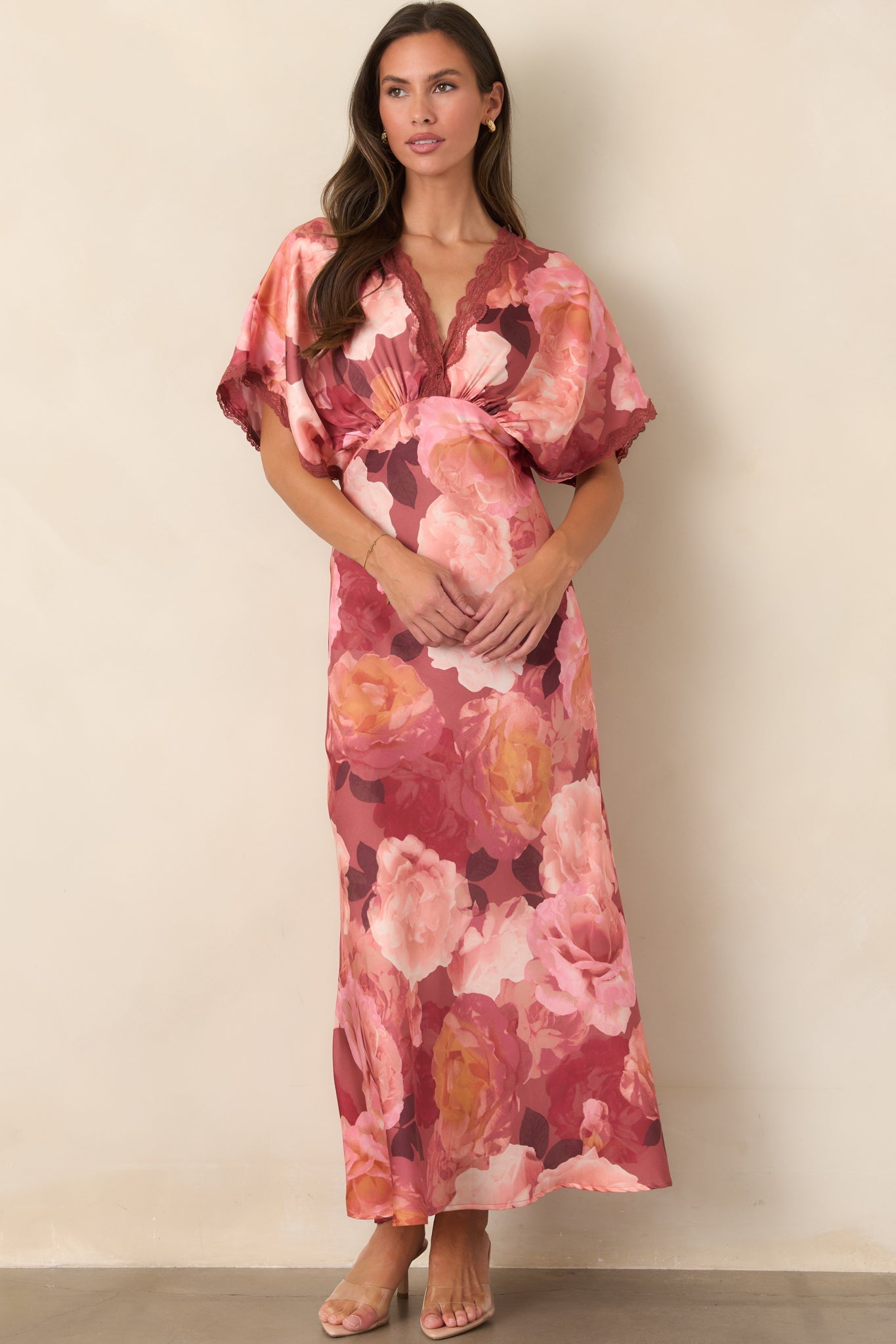 All The Right Reasons Blush Floral Satin Lace Trim Maxi Dress