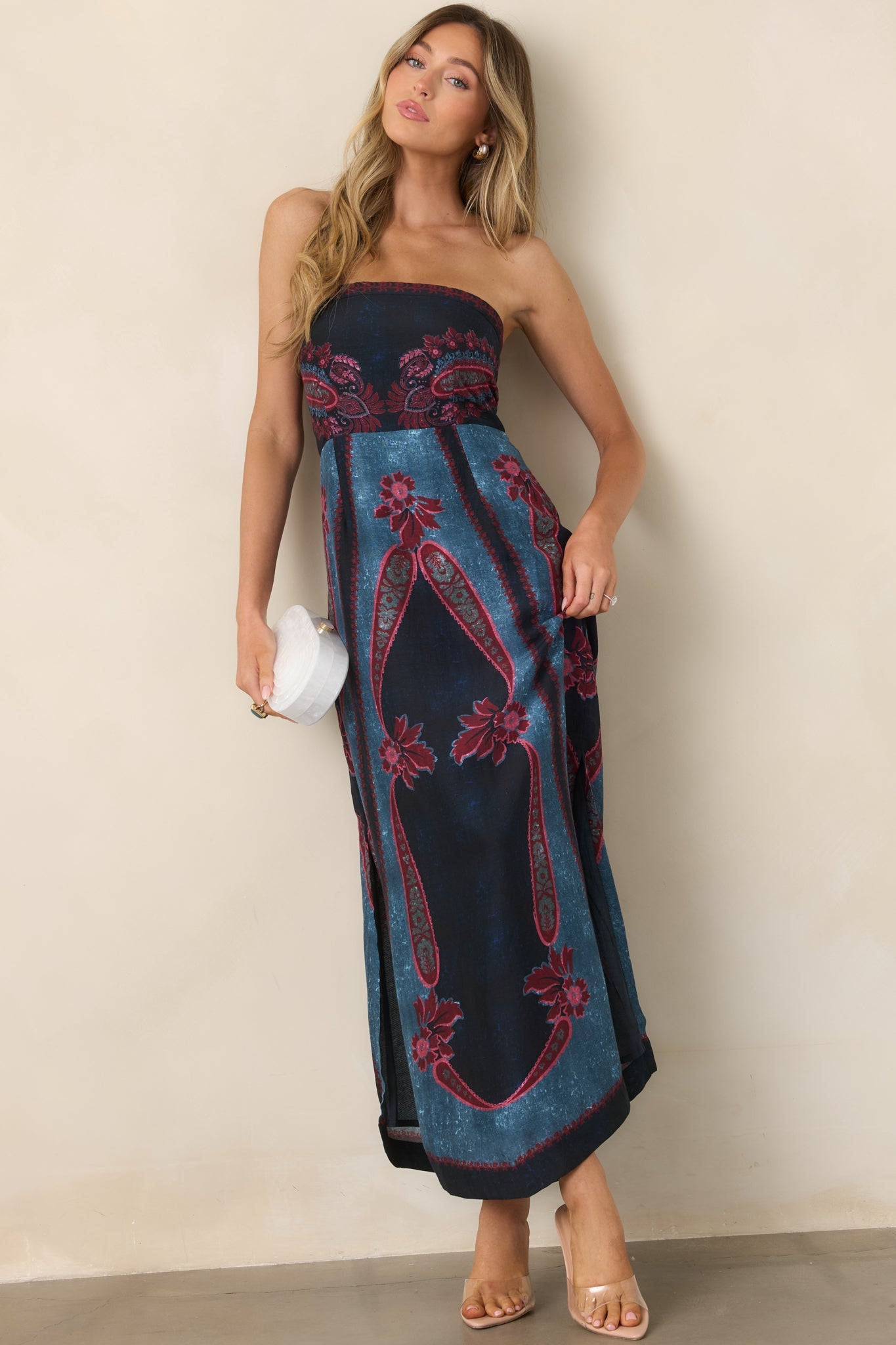 Anna Cate Bennett Obscura Navy Multi Strapless Midi Dress