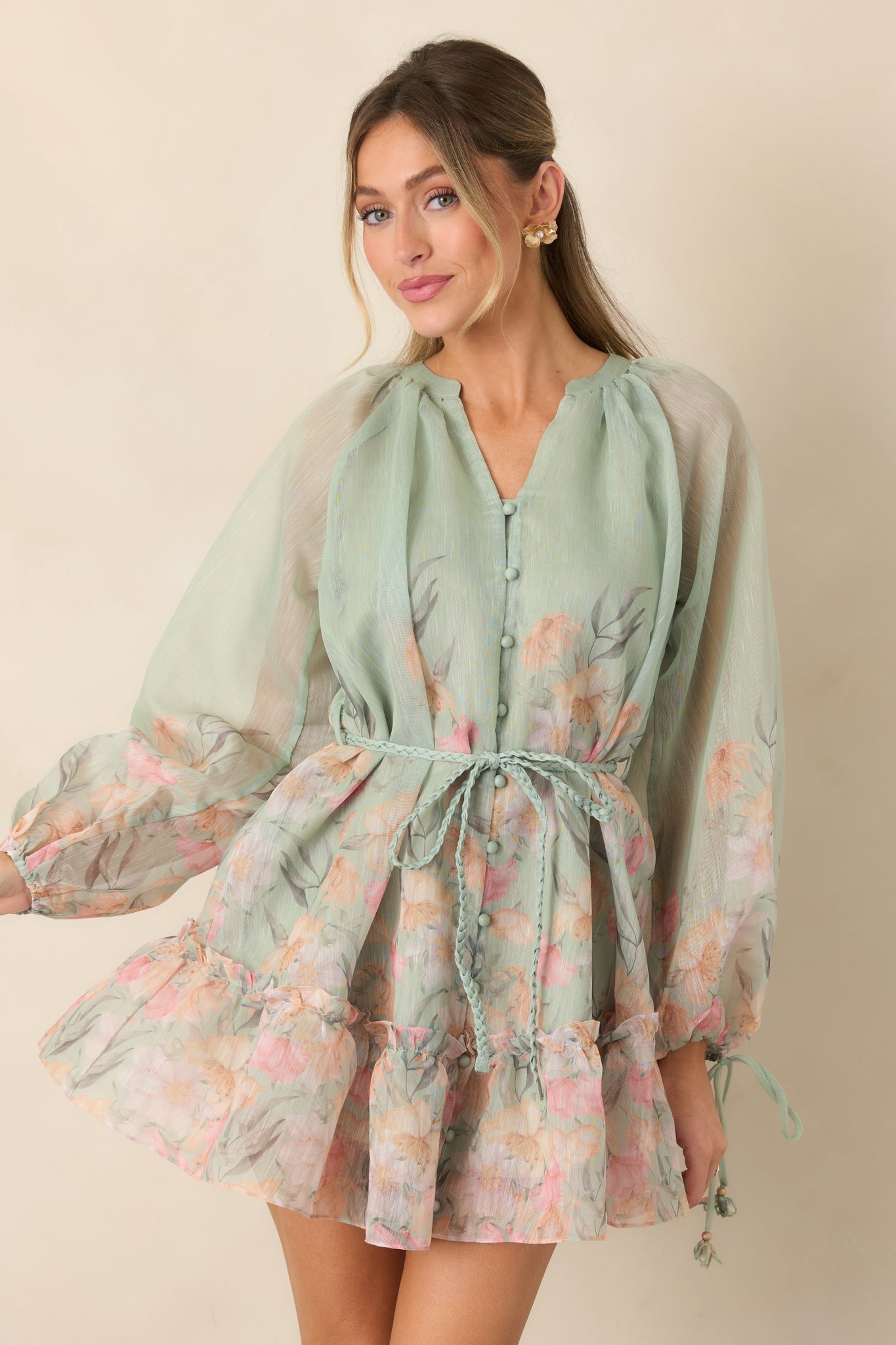 En Saison Katelyn Sage Multi Floral Belted Button Front Mini Dress