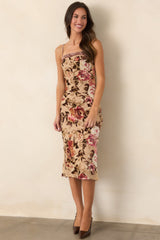 Among the Autumn Roses Mocha & Pink Floral Velvet Burnout Midi Dress