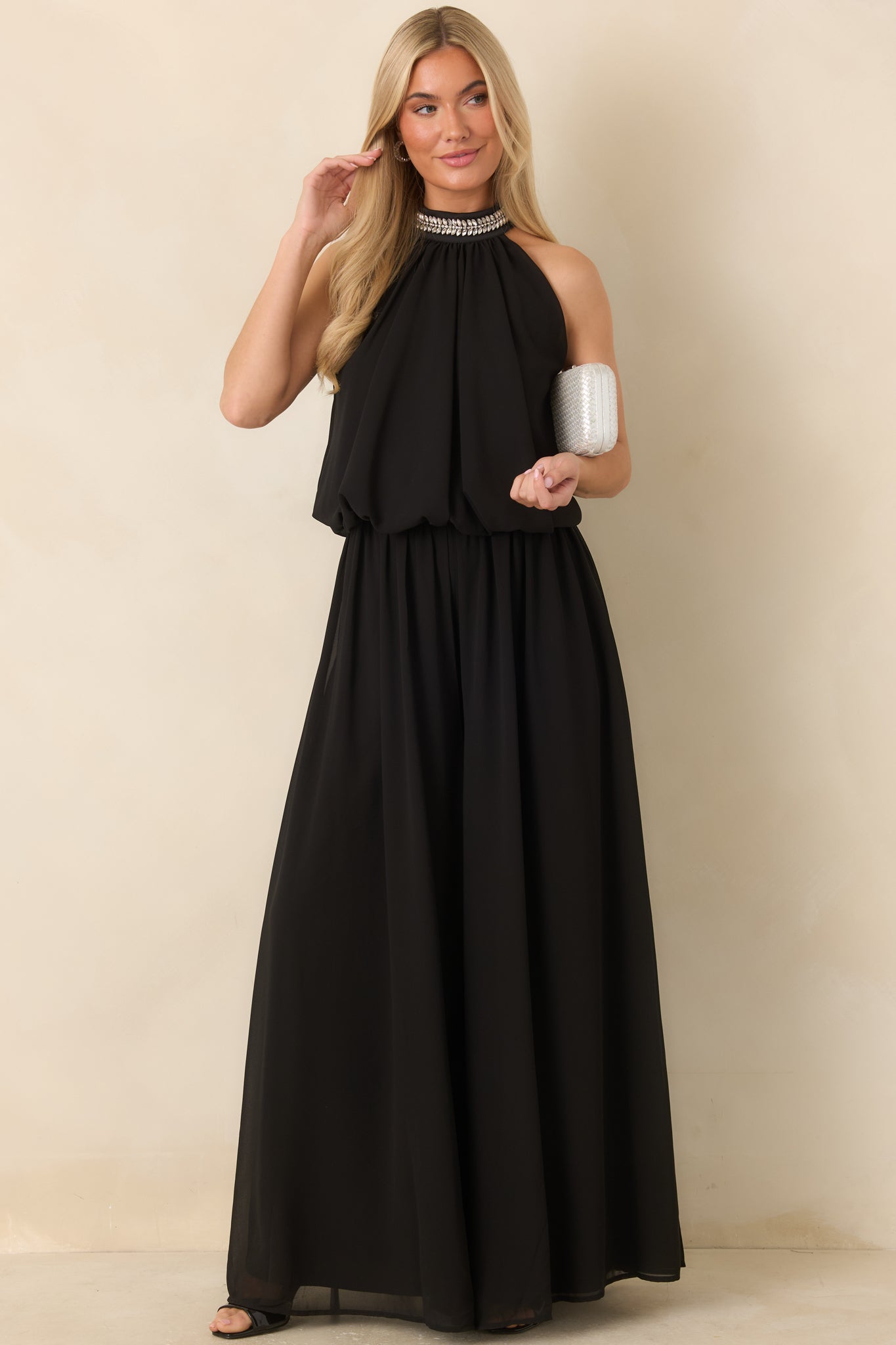 A Moment Like Ours Black Rhinestone Halter Bubble Hem Top