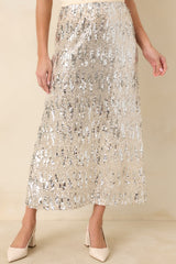 A Sparkling Conversation Silver Sequin Midi Skirt