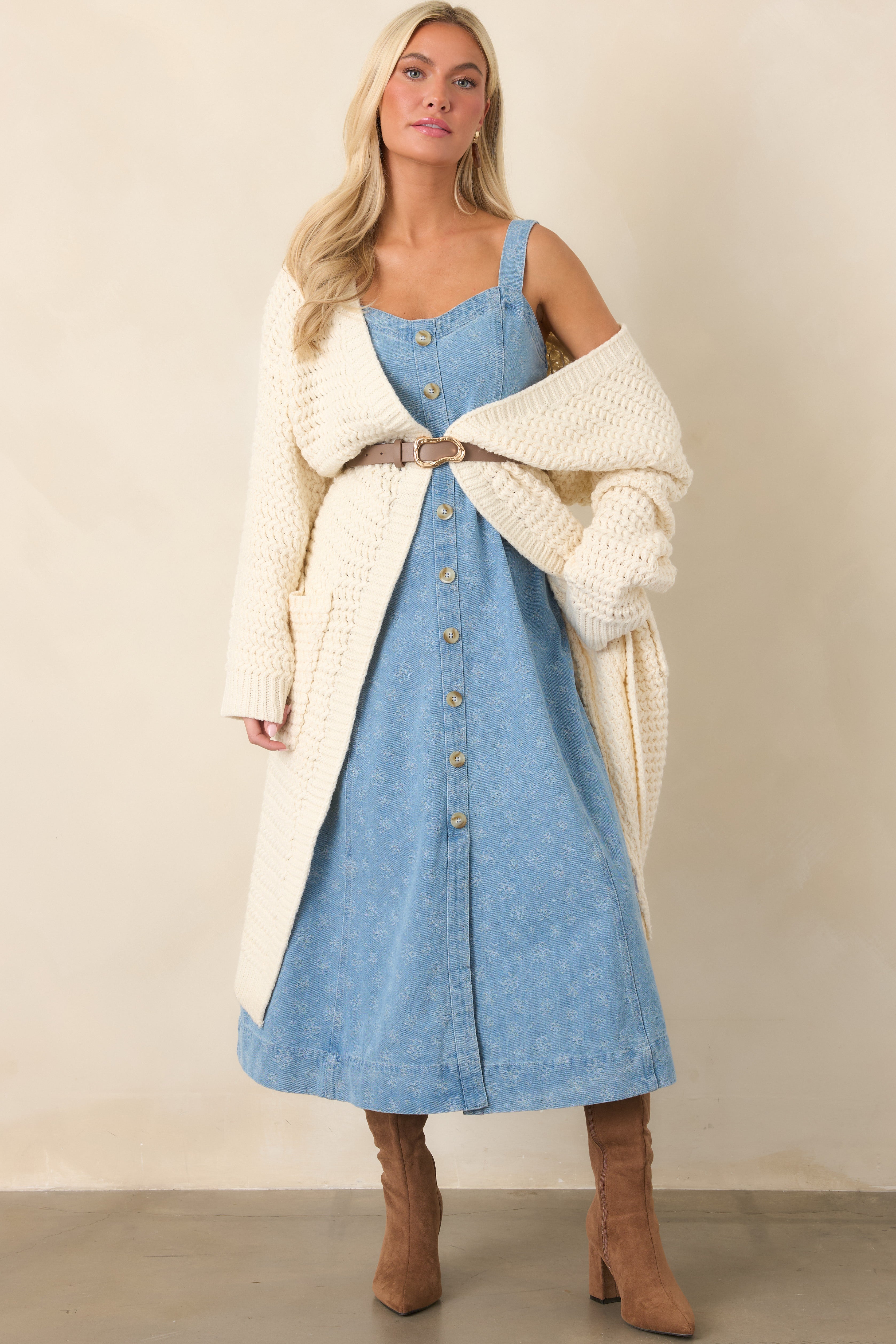 Dreaming in Blue Light Wash Denim Floral Midi Dress