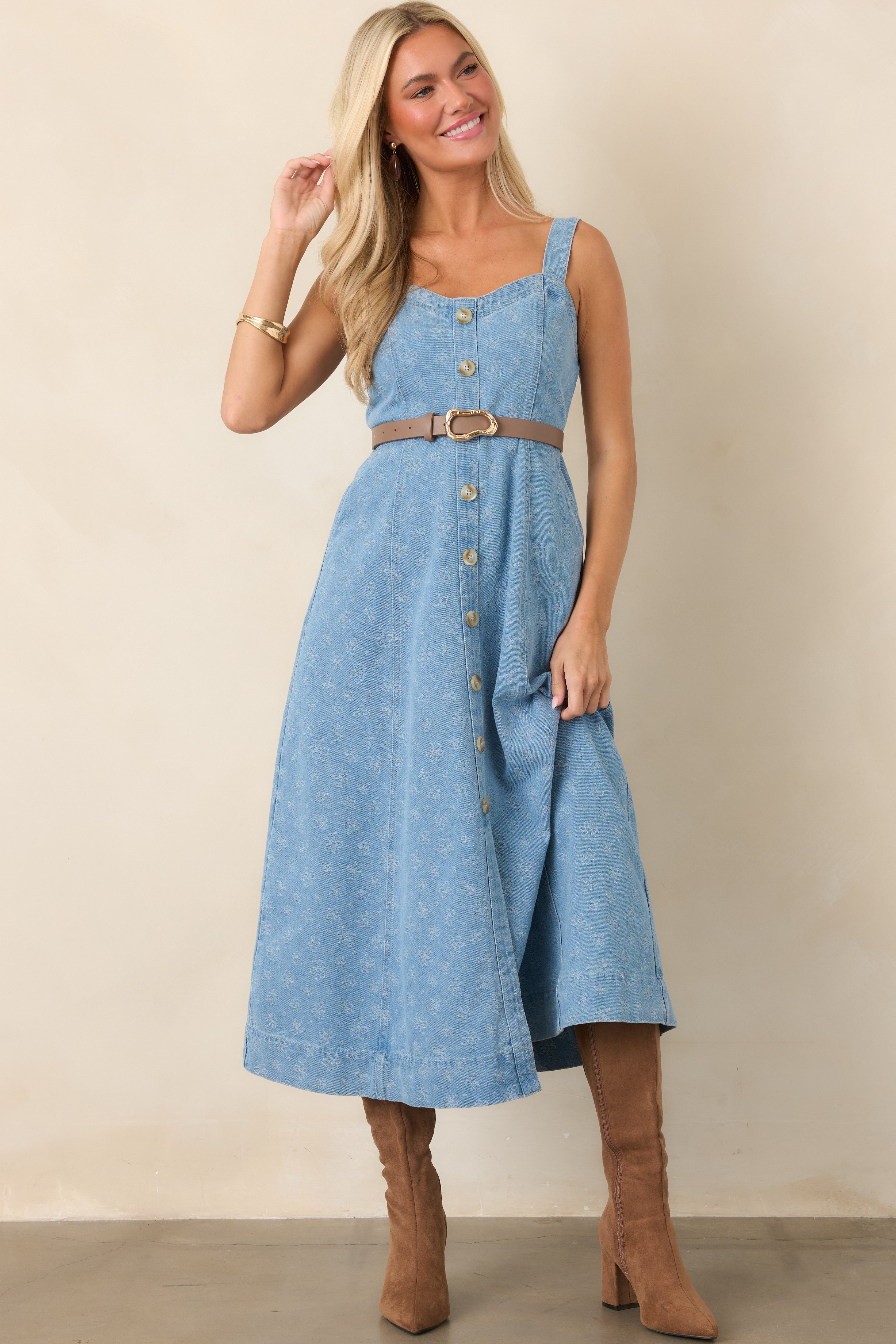 Dreaming in Blue Light Wash Denim Floral Midi Dress