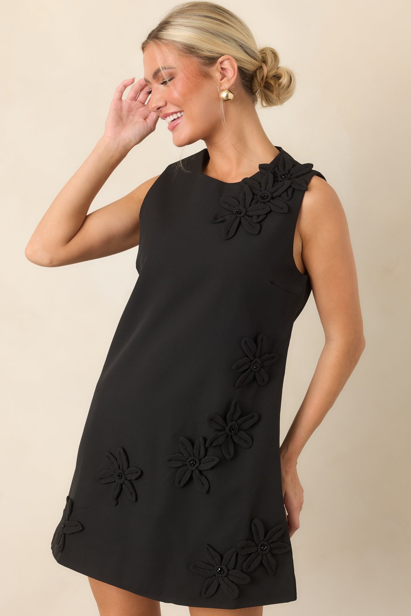 Every Last Detail Black Floral Appliqué Sleeveless Mini Dress