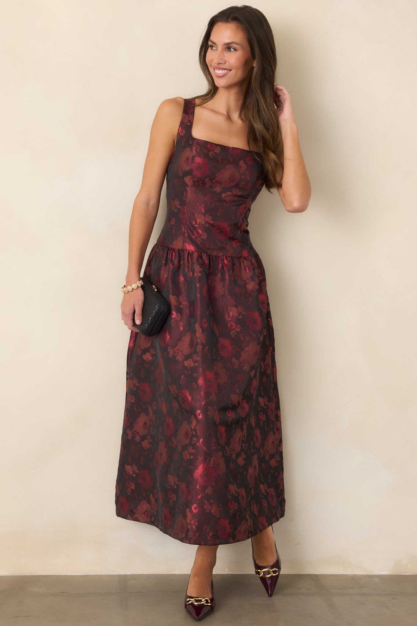 A Beautiful Thing Burgundy Floral Jacquard Midi Dress